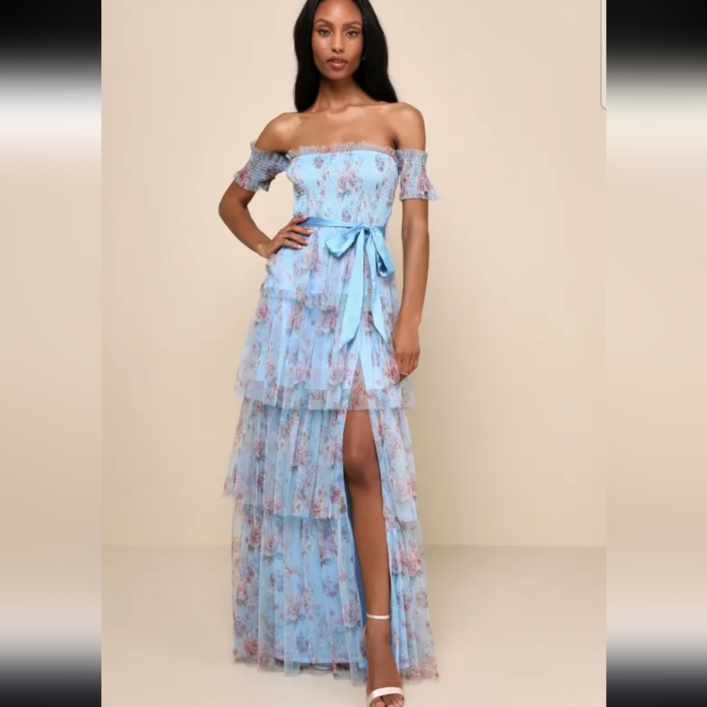 Lulus Pretty Whimsy Blue Floral Tiered Off-the-Shoulder Maxi Dress - Picture 3 of 7
